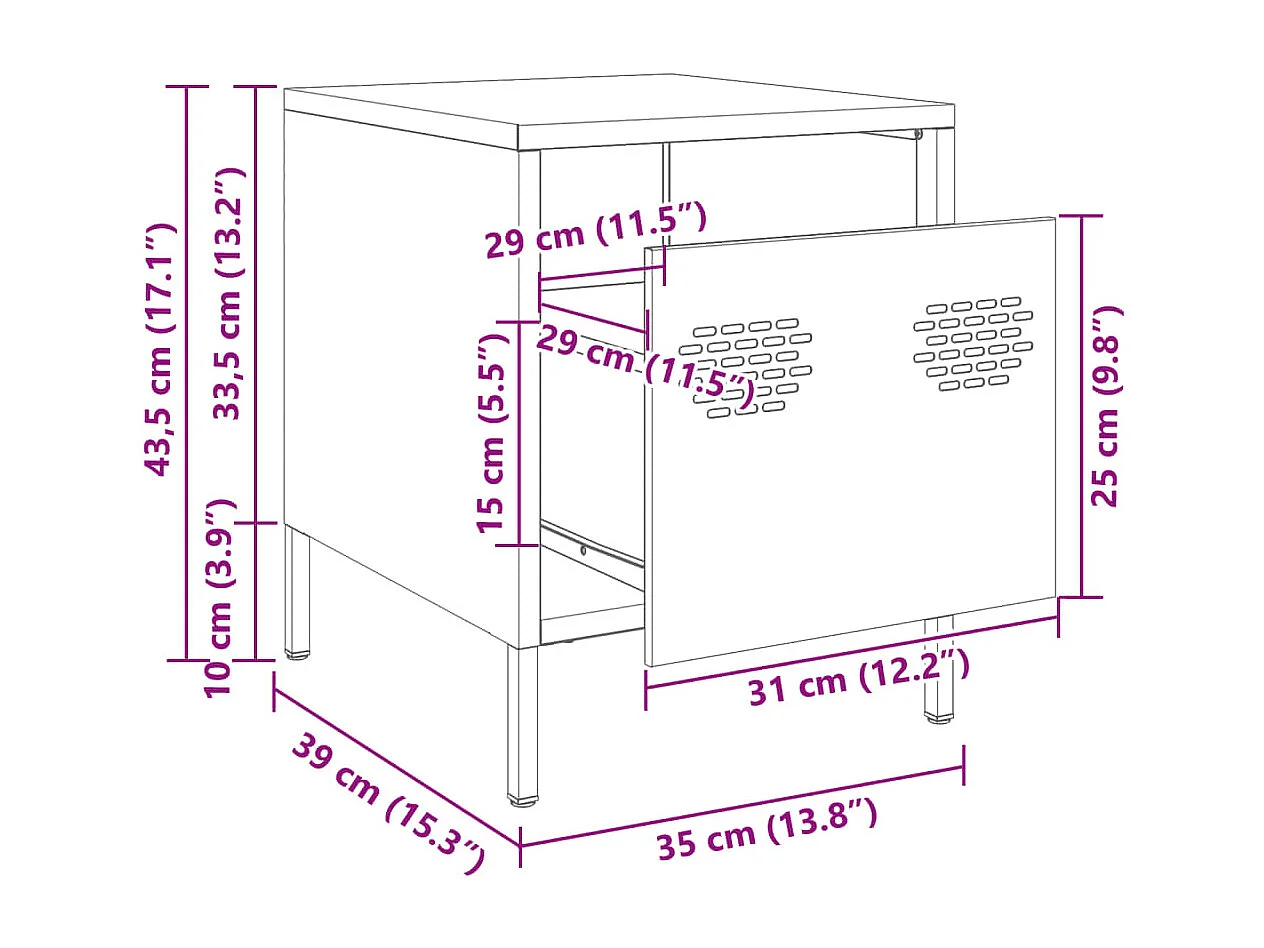 Table de chevet rose 35x39x43,5 cm acier