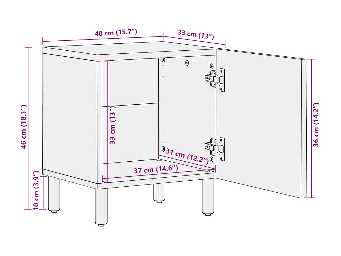 Table de chevet noir 40x33x46 cm bois de manguier solide
