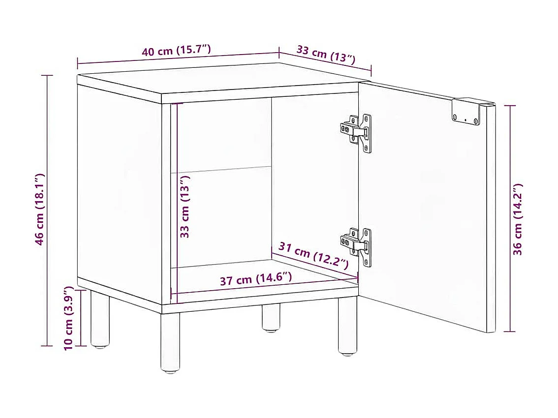 Table de chevet noir 40x33x46 cm bois de manguier solide