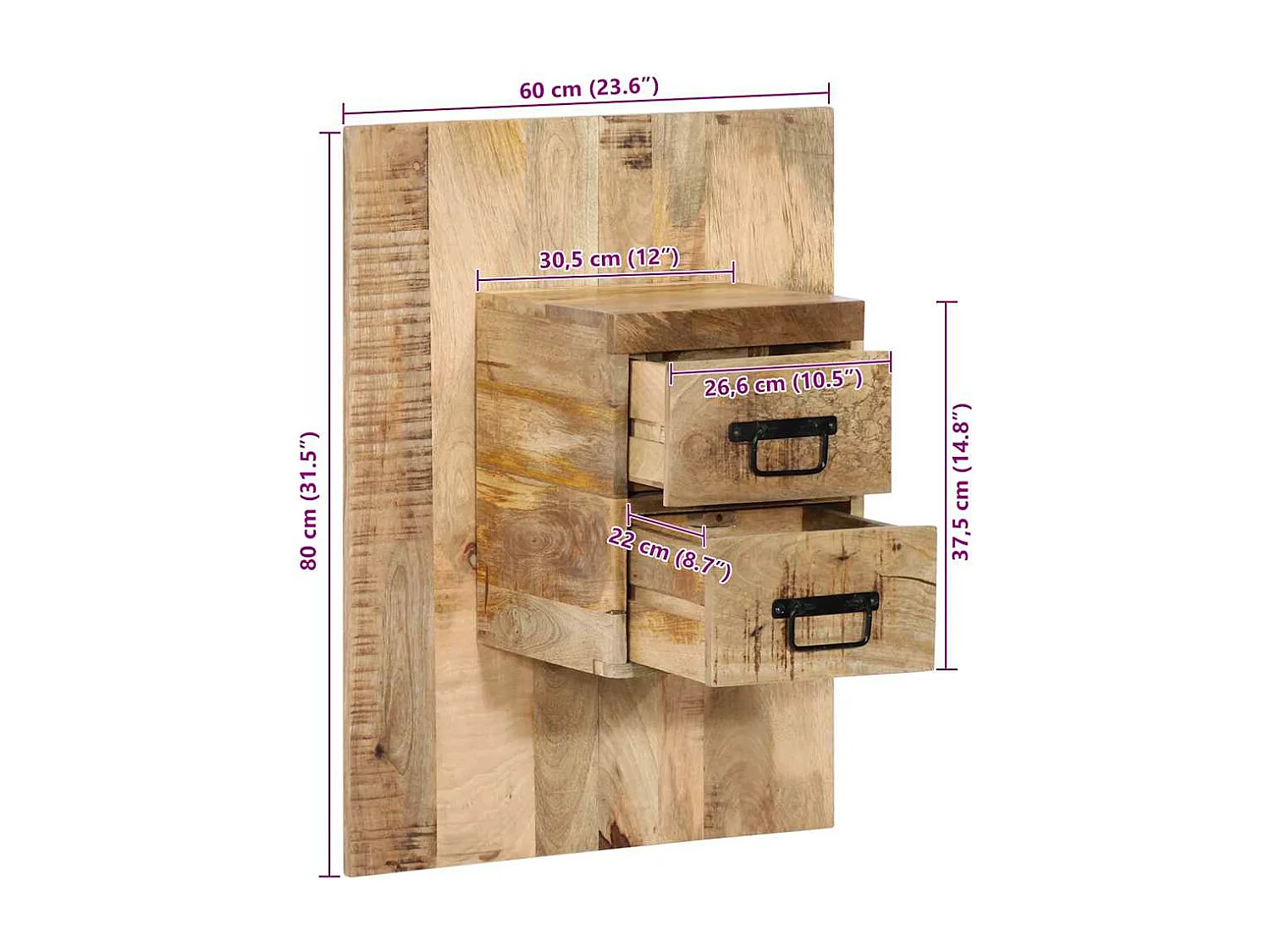 Table de chevet 60x32x80 cm bois massif de manguier brut