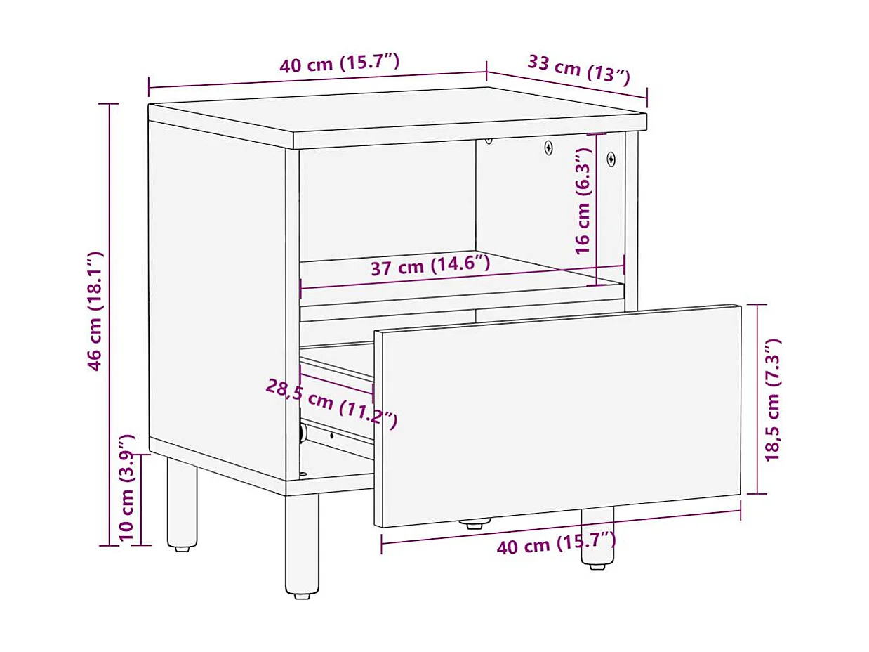 Comodino Nero 40x33x46 cm in Legno Massello di Mango Grezzo