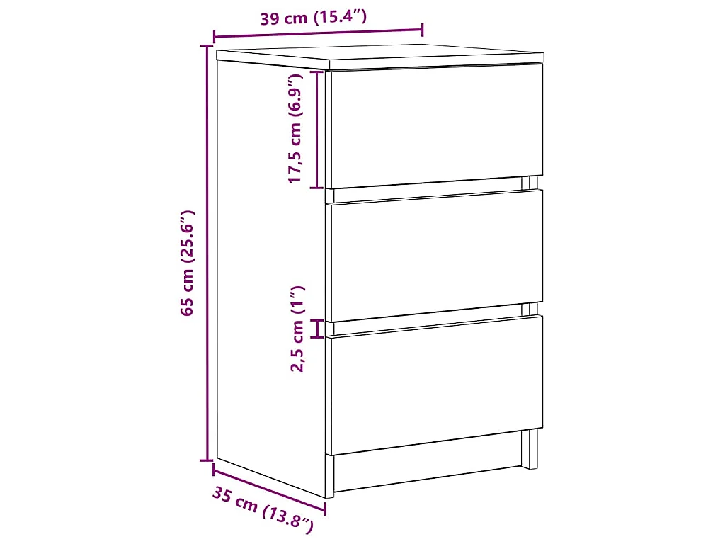 Comodini con 3 Cassetti 2 pz Nero 39x35x65 cm