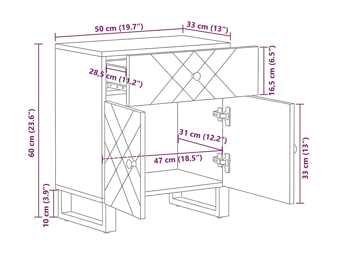 Comodino Nero 50x33x60 cm in Legno Massello di Mango