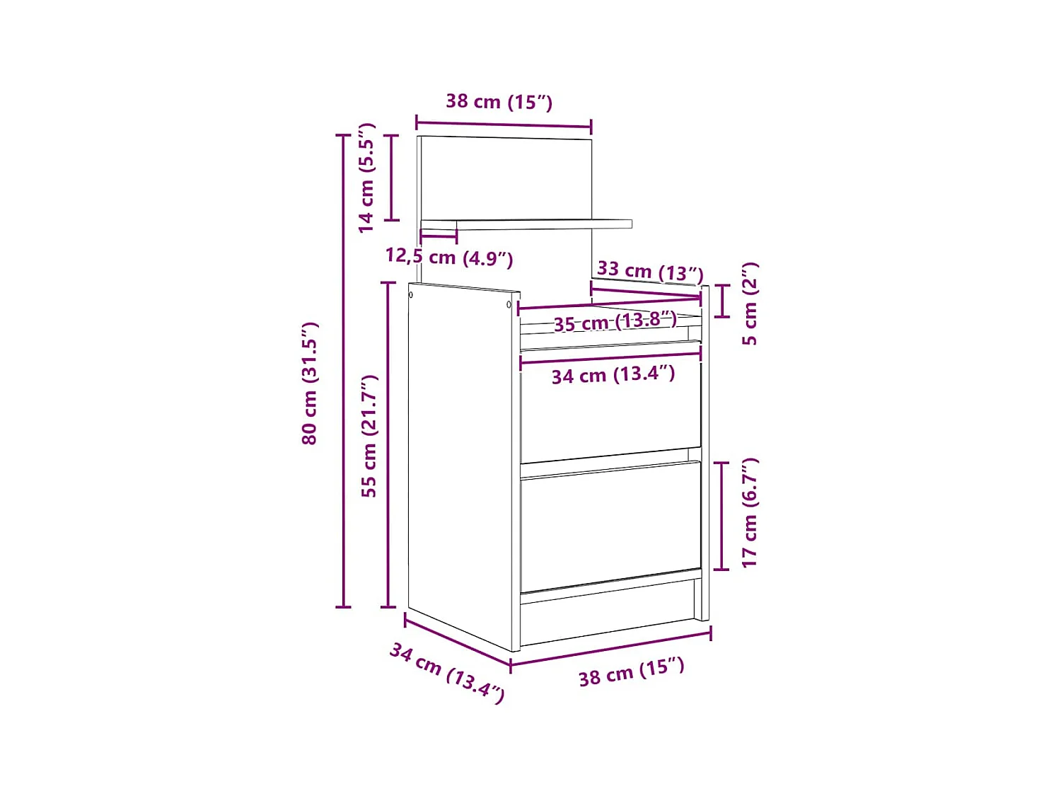 Tables de chevet avec 2 tiroirs 2 pcs gris béton 38x34x80 cm