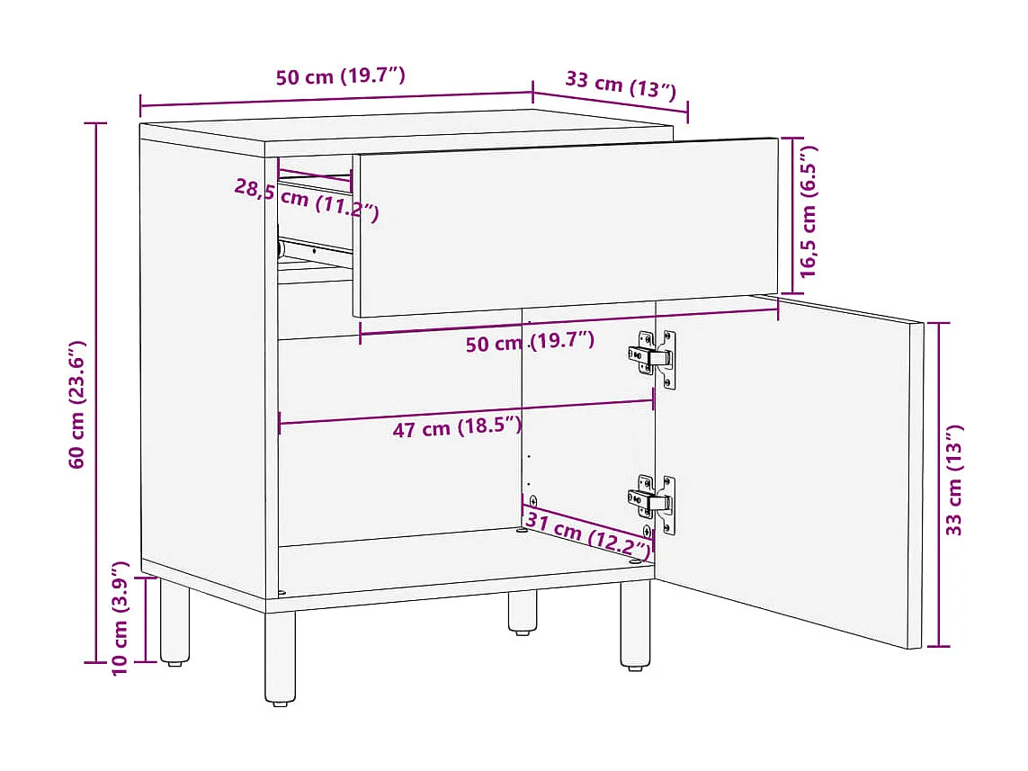 Table de chevet noir 50x33x60 cm bois d'ingénierie