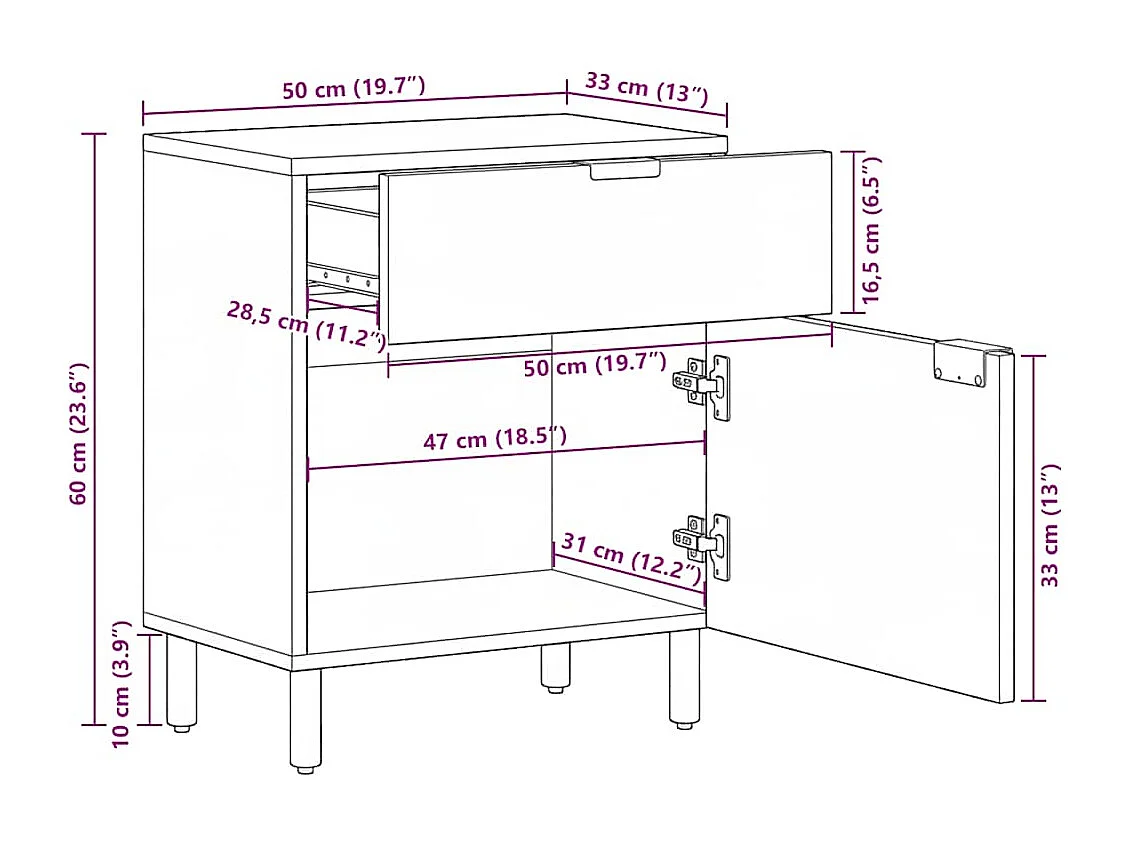 Table de chevet noir 50x33x60 cm bois d'ingénierie