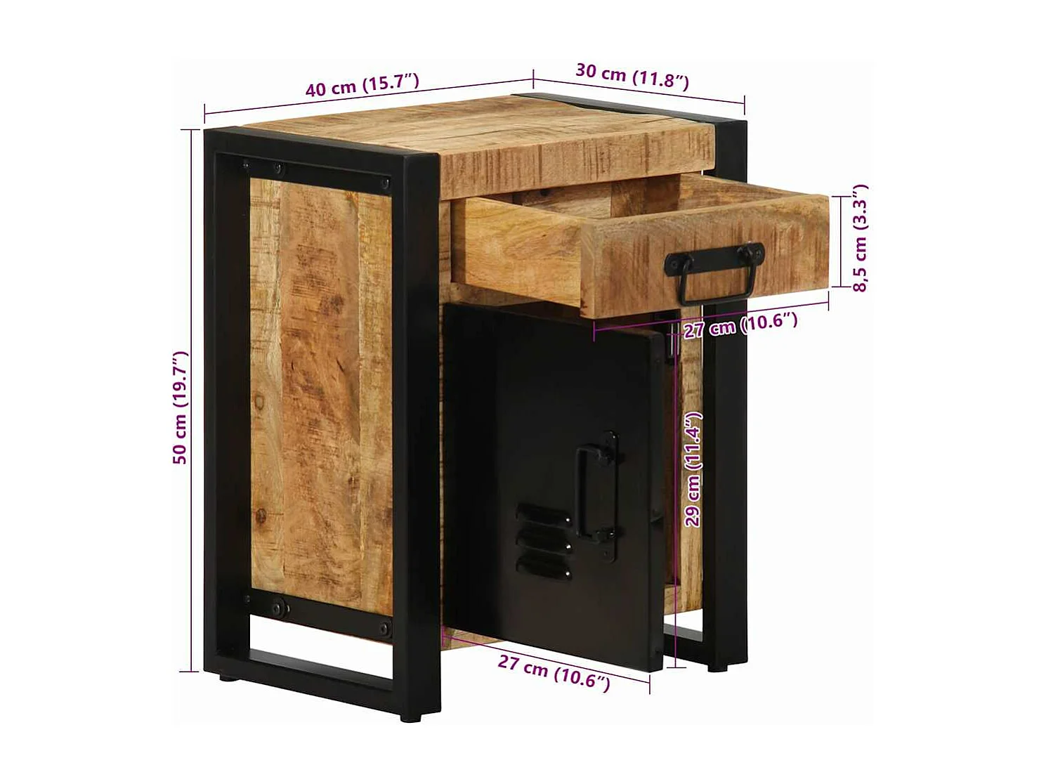 Nachttisch 40x30x50 cm Raues Mango-Massivholz