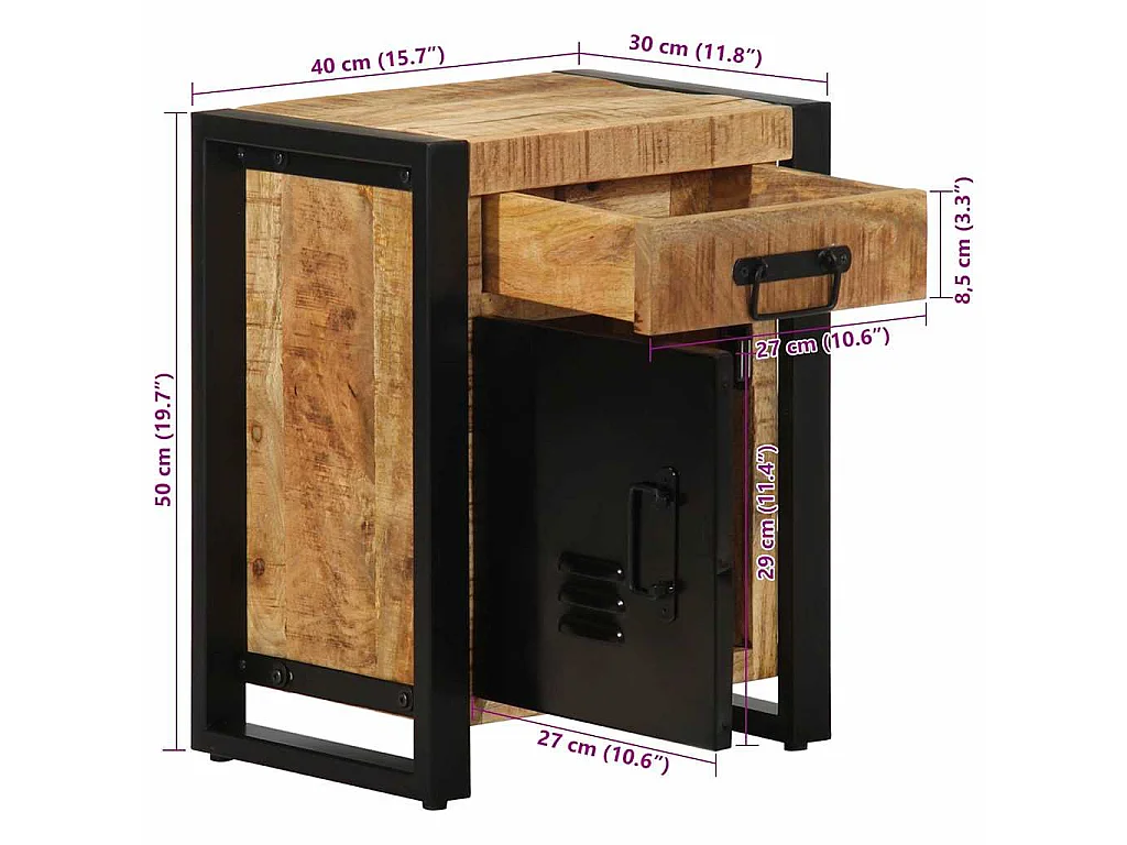 Table de chevet 40x30x50 cm bois massif de manguier brut