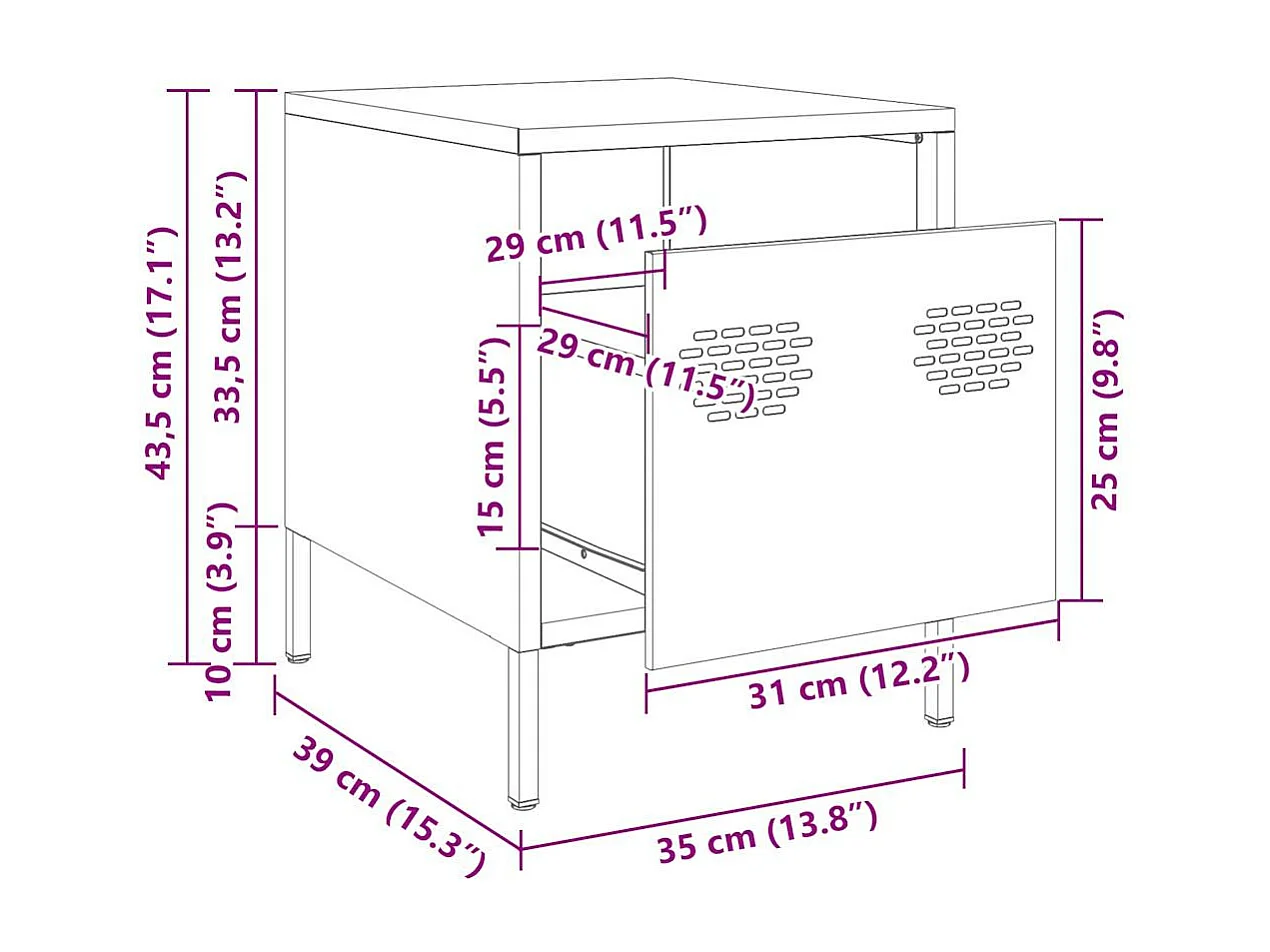 Table de chevet blanc 35x39x43,5 cm acier