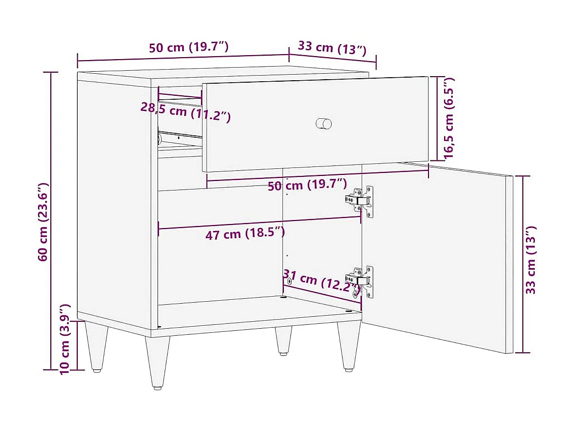 Table de chevet 50x33x60 cm bois de manguier massif