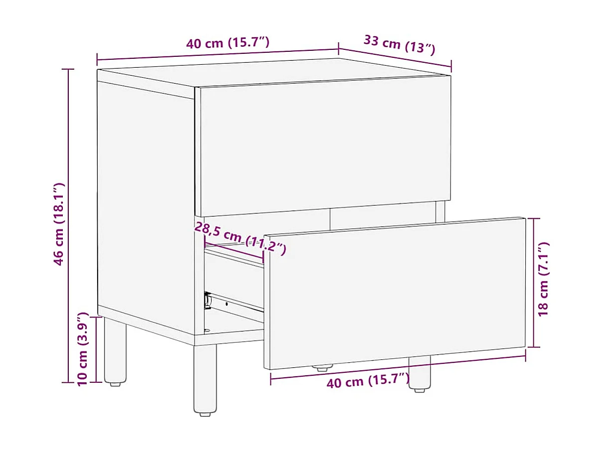 Table de chevet marron 40x33x46 cm bois de manguier solide