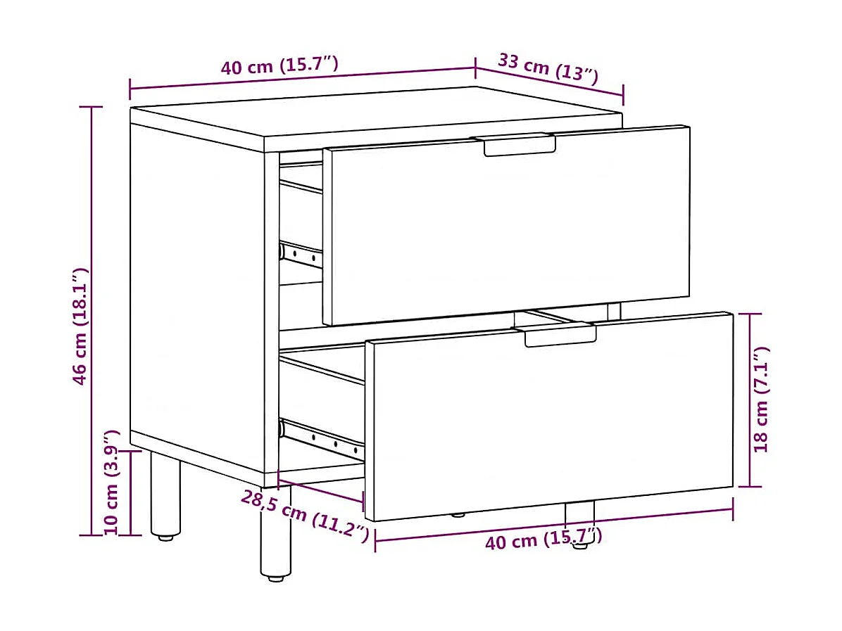 Table de chevet noir 40x33x46 cm bois de manguier solide