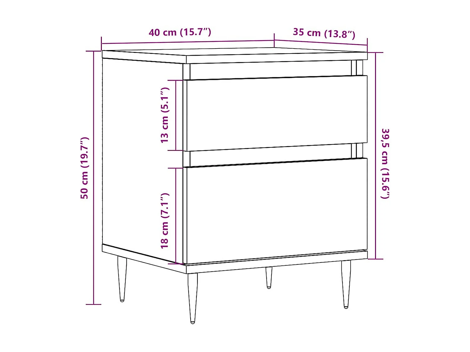 Table de chevet chêne artisanal 40x35x50 cm bois d’ingénierie