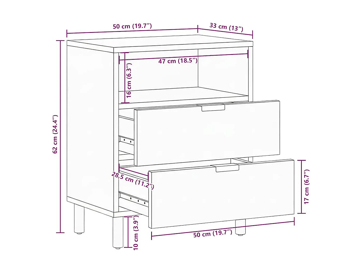 Table de chevet noir 50x33x62 cm bois d'ingénierie