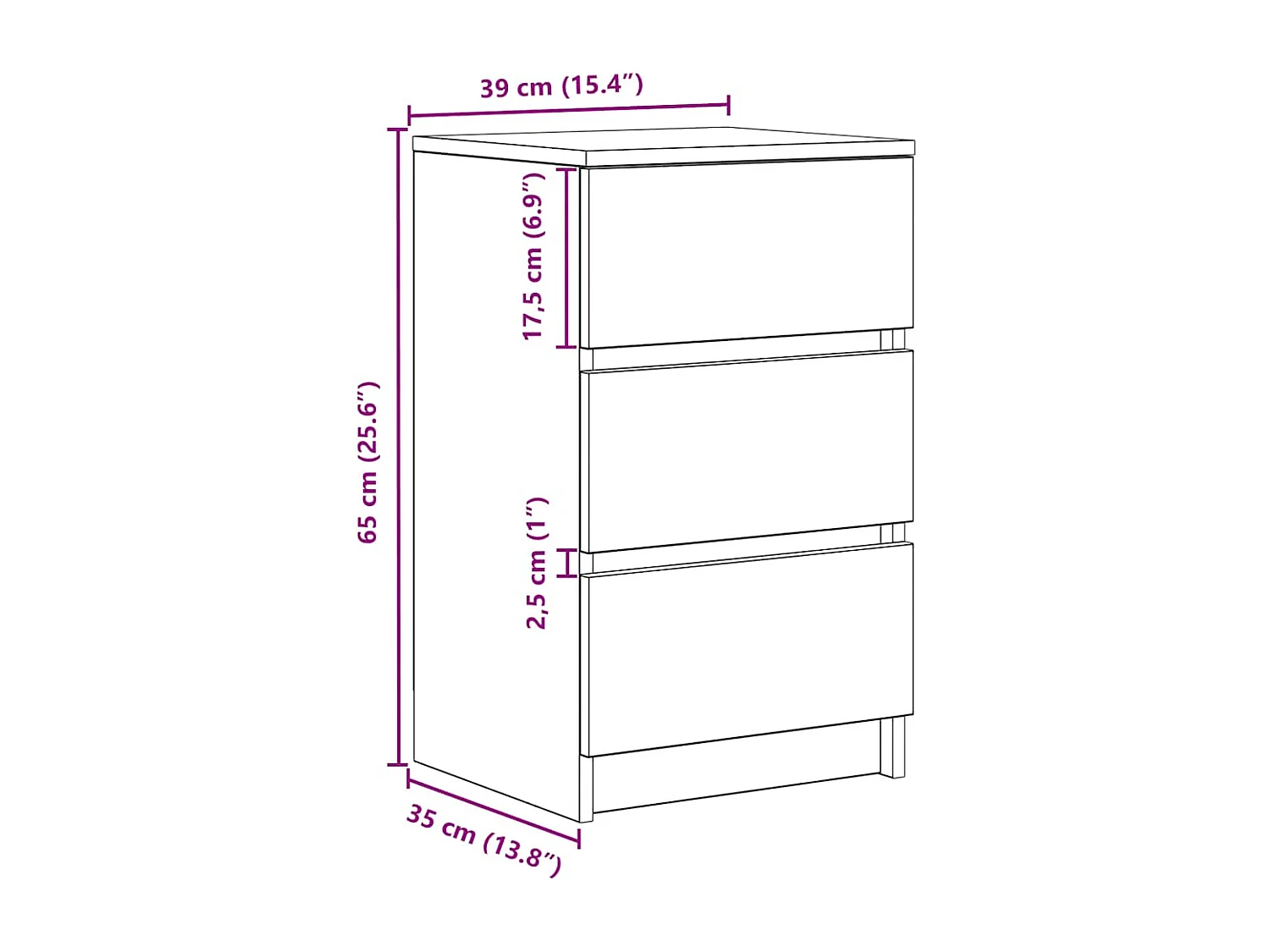 Comodino con 3 Cassetti Rovere Sonoma 39x35x65 cm