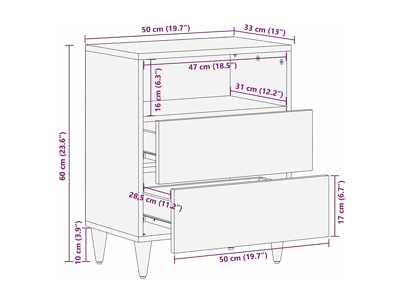 Table de chevet gris clair 50x33x60 cm bois de manguier massif