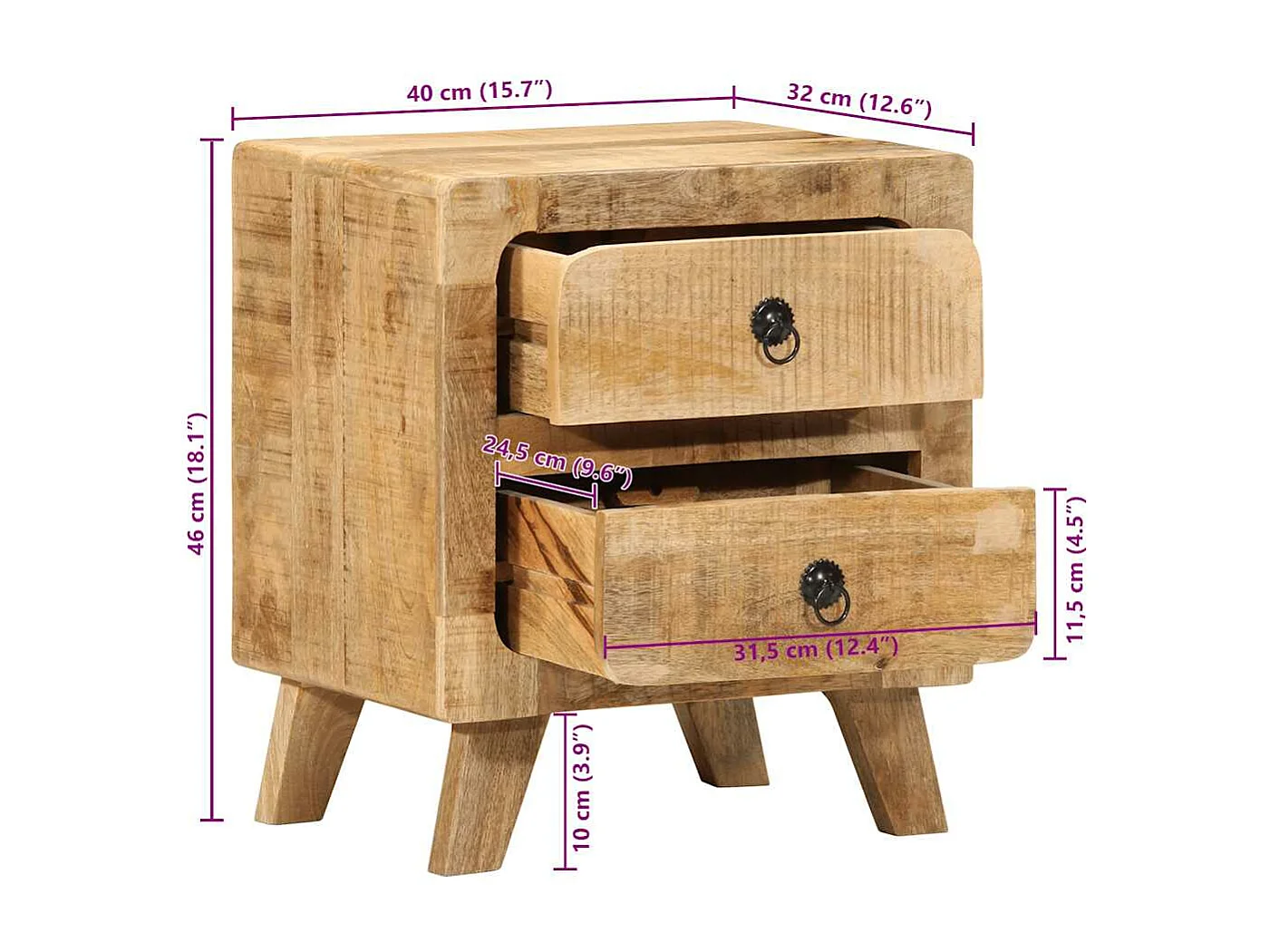 Table de chevet 40x32x46 cm bois de manguier massif brut