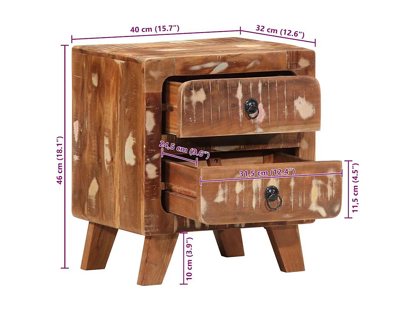 Table de chevet 40x32x46 cm bois massif de récupération