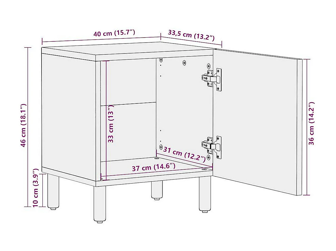 Table de chevet noir 40x33,5x46 cm bois de manguier massif brut