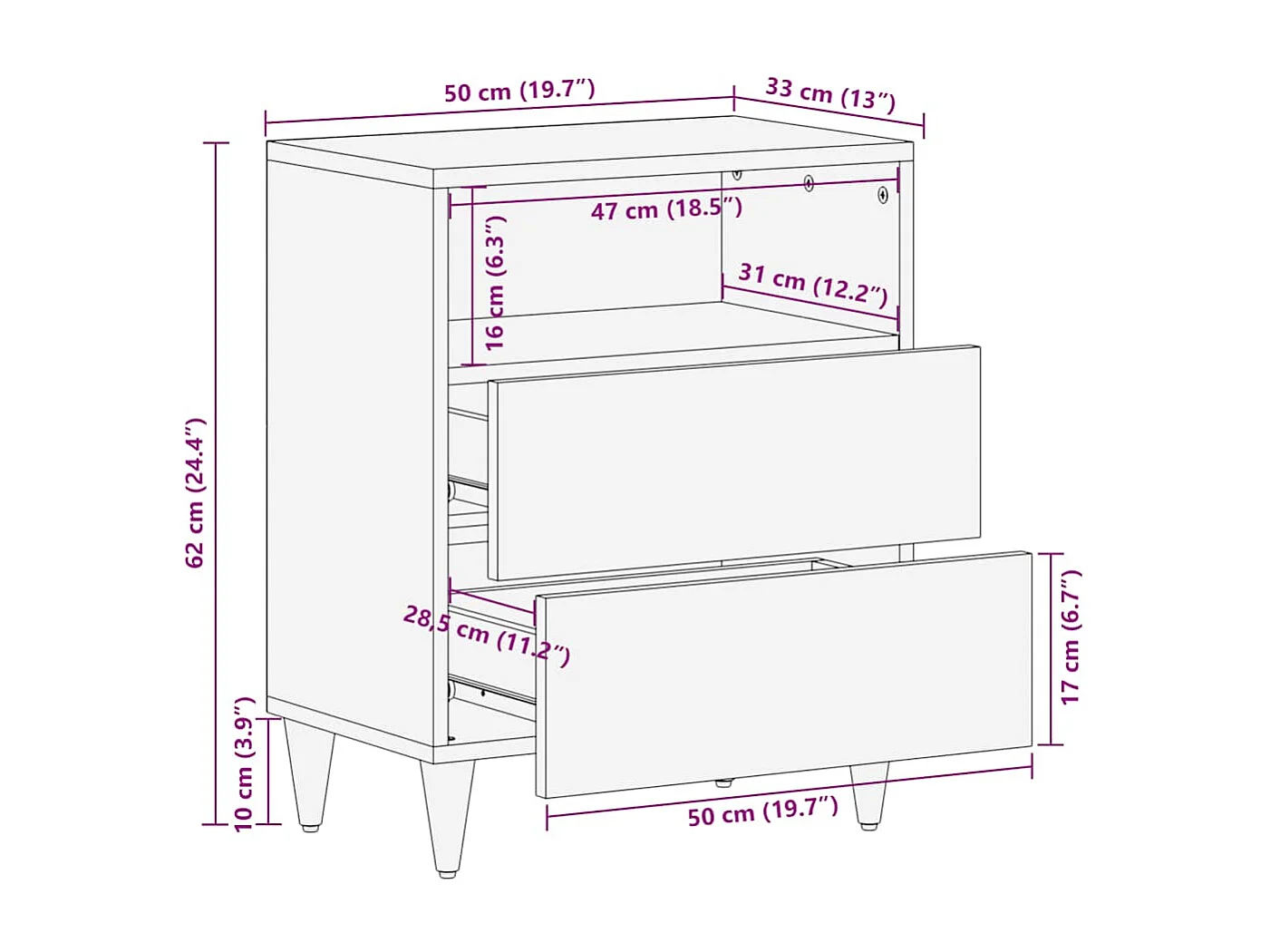 Mesita de noche madera maciza de mango 50x33x60 cm