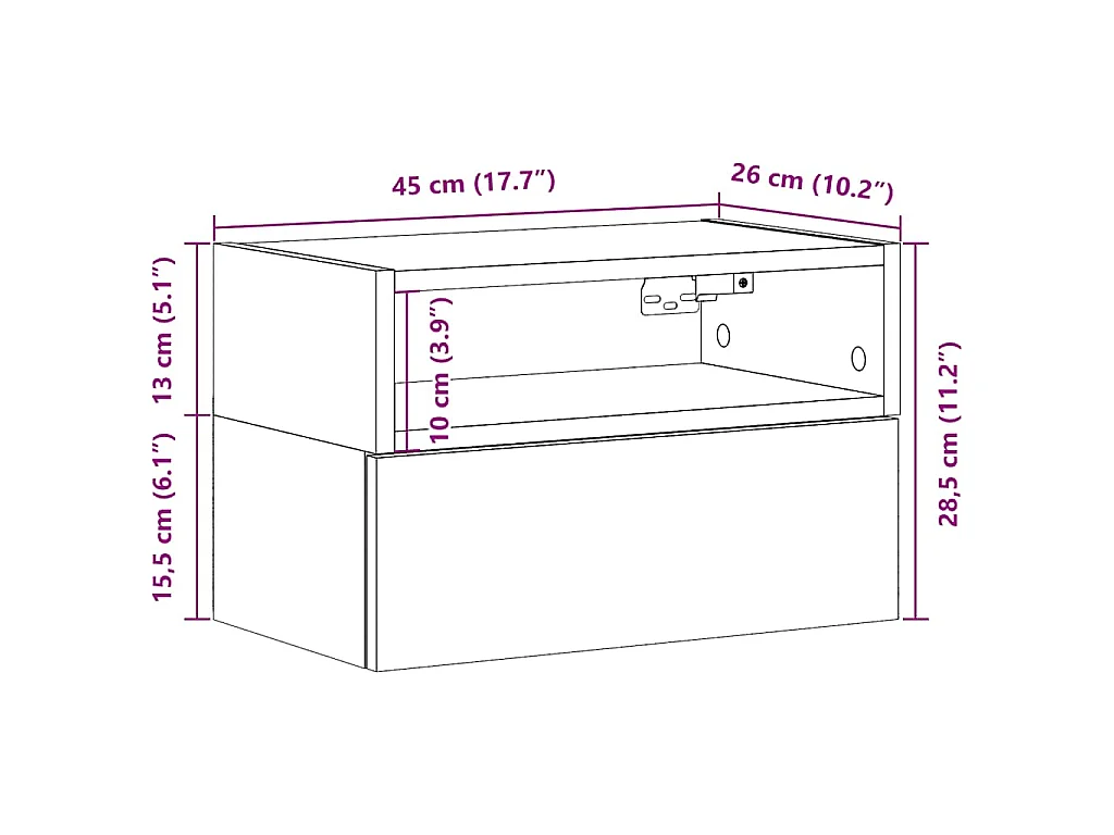 Mesa de cabeceira de parede 45x26x28,5 cm cor madeira velha