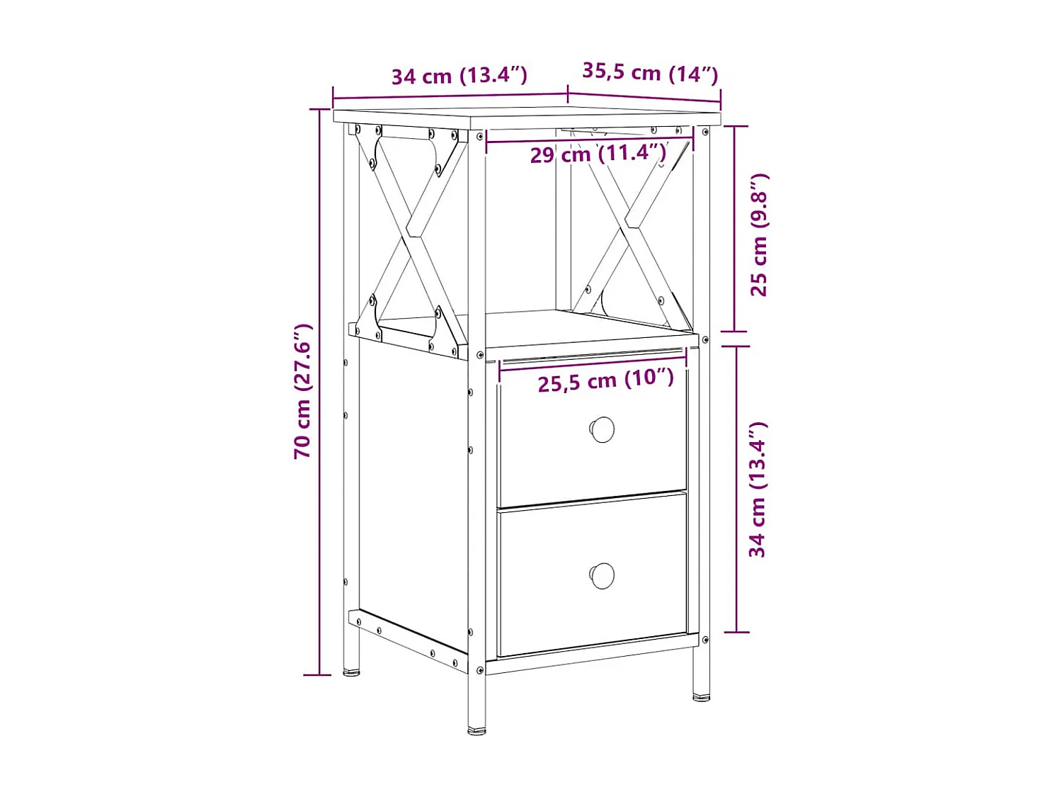 Table de chevet chêne artisanal 34x35,5x70 cm bois d'ingénierie