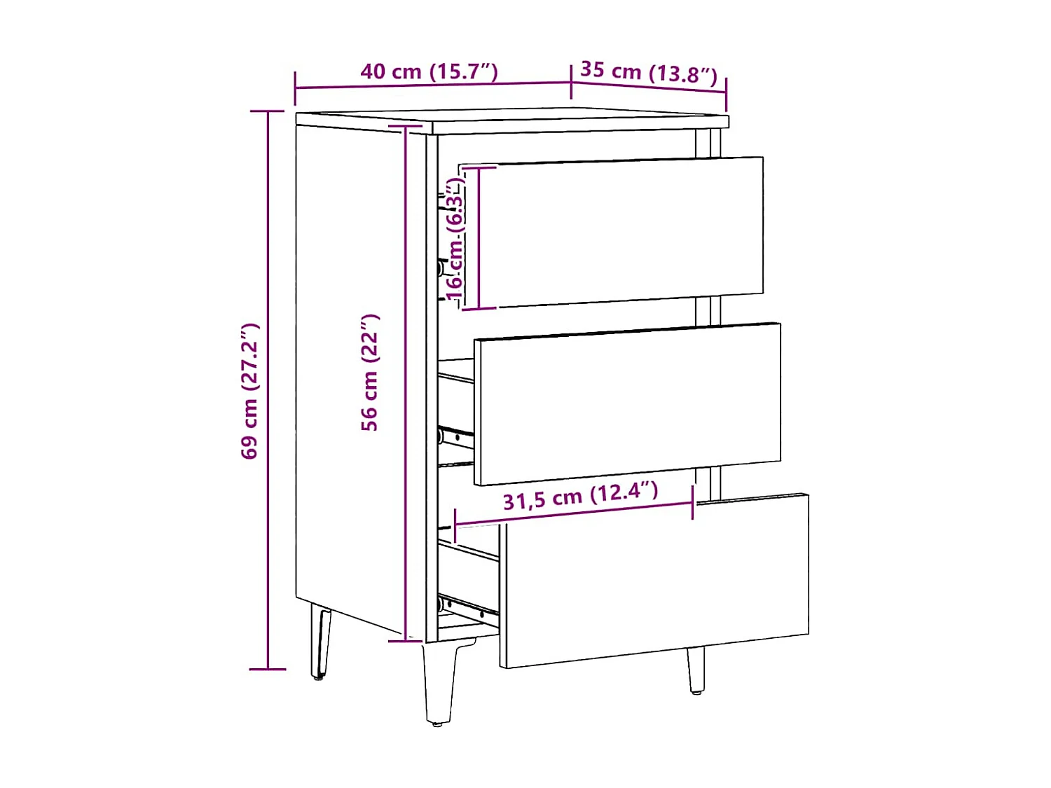 Comodino con Gambe in Metallo Rovere Artigianale 40x35x69 cm