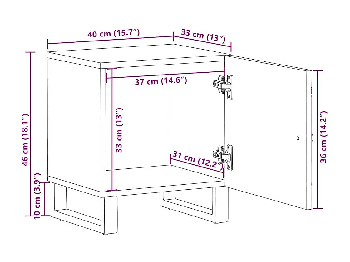 Table de chevet noir 40x33x46 cm bois de manguier solide