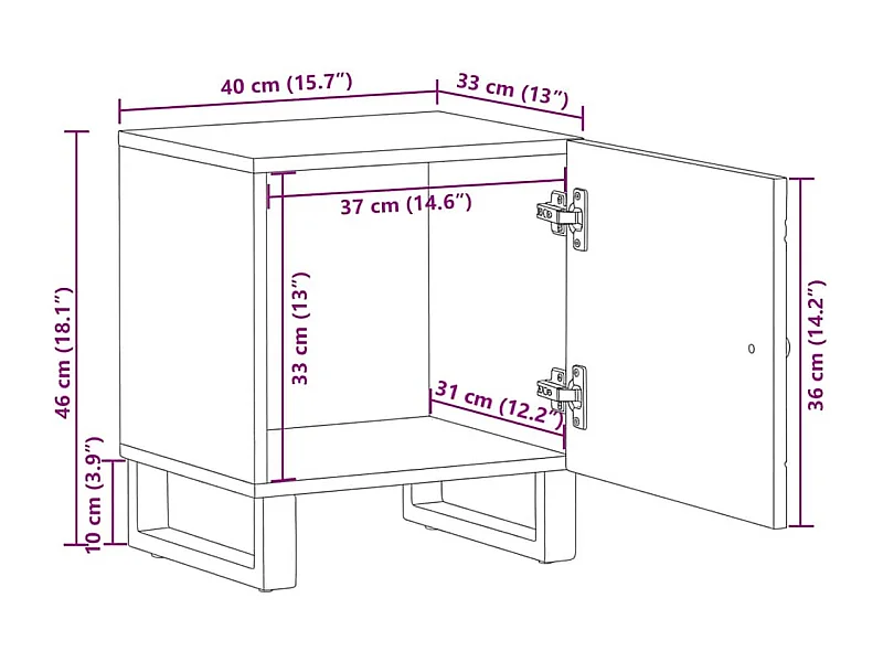 Table de chevet noir 40x33x46 cm bois de manguier solide
