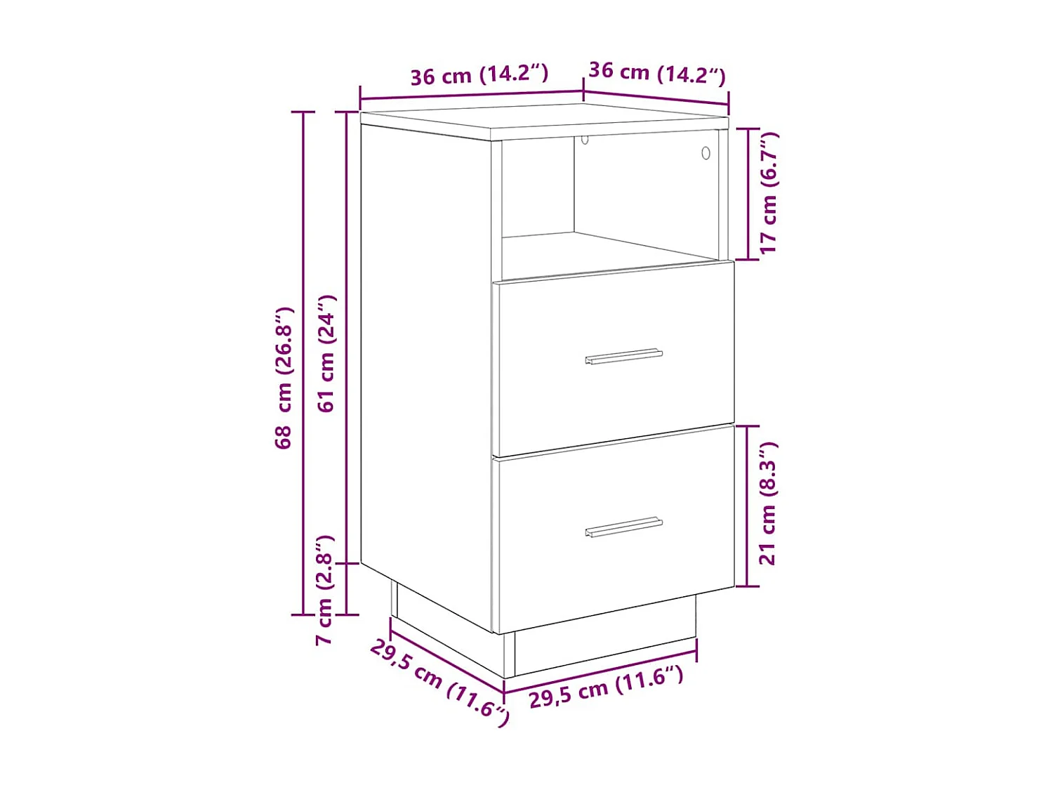 Table de chevet avec 2 tiroirs blanc 36x36x68 cm