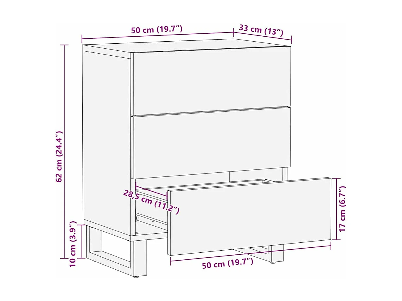 Table de chevet noir 50x33x62 cm bois de manguier solide