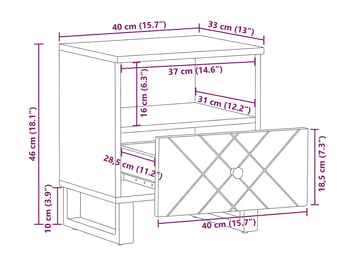 Table de chevet noir 40x33x46 cm bois de manguier solide