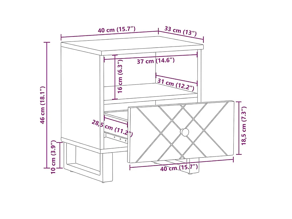 Table de chevet noir 40x33x46 cm bois de manguier solide
