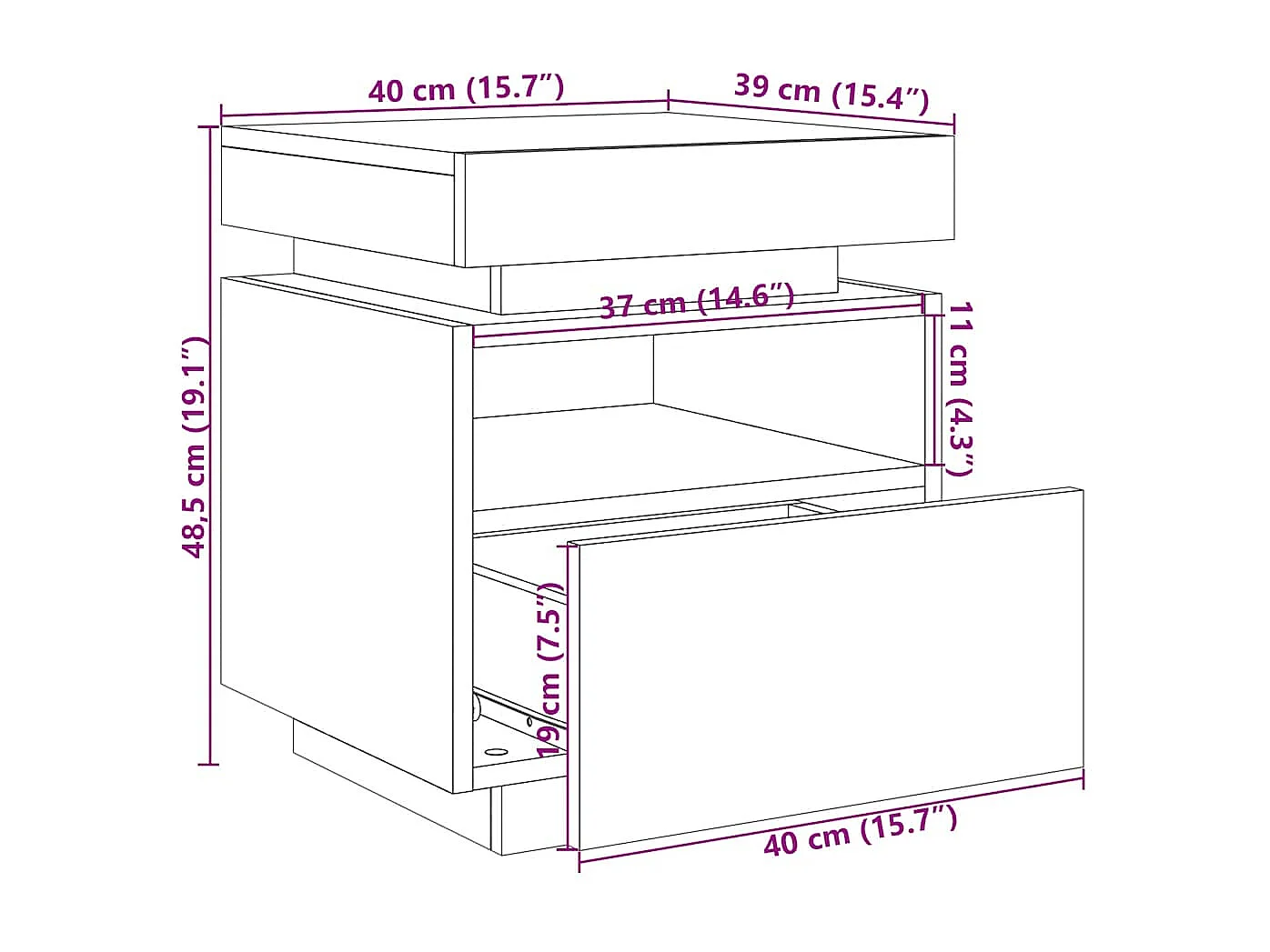 Armoire de chevet avec lumières LED vieux bois 40x39x48,5 cm