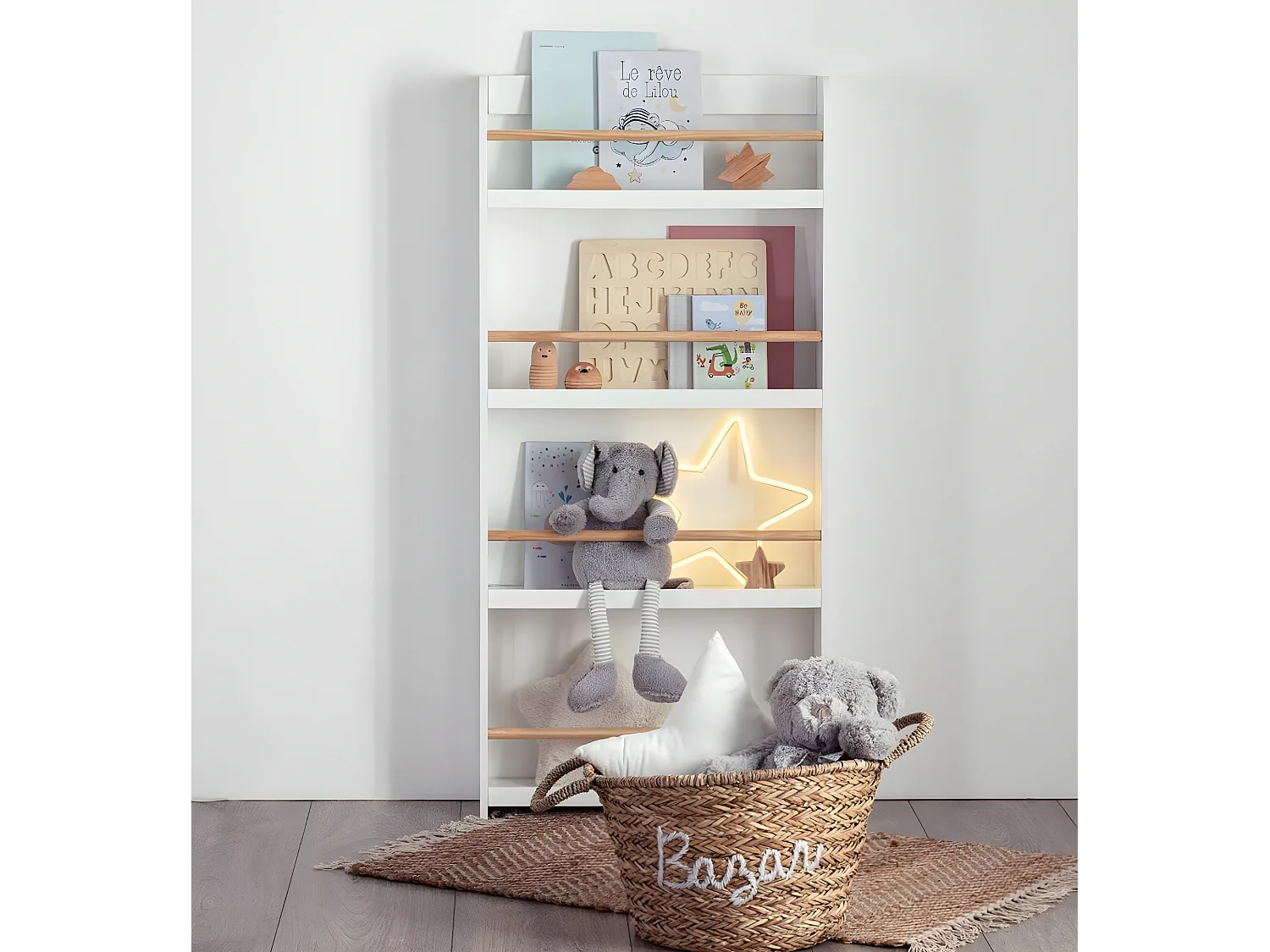 Bibliothèque enfant 4 étagères coloris blanc - Longueur 55 x Profondeur 15 x Hauteur 118 cm