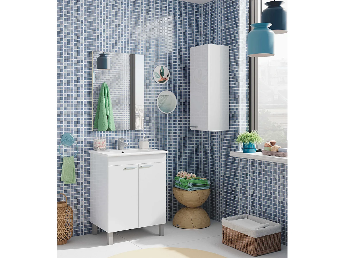 Colonne salle de bain Suspendue avec 1 Porte coloris blanc brillant - 85 x 30 x 25 cm