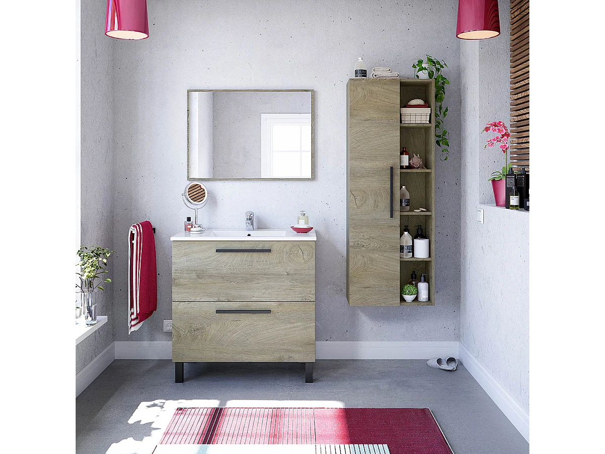 Colonne salle de bain Suspendue avec 1 porte coloris Alaska chêne à nœuds - Hauteur 135 x Longueur 51 x Profondeur 25 cm