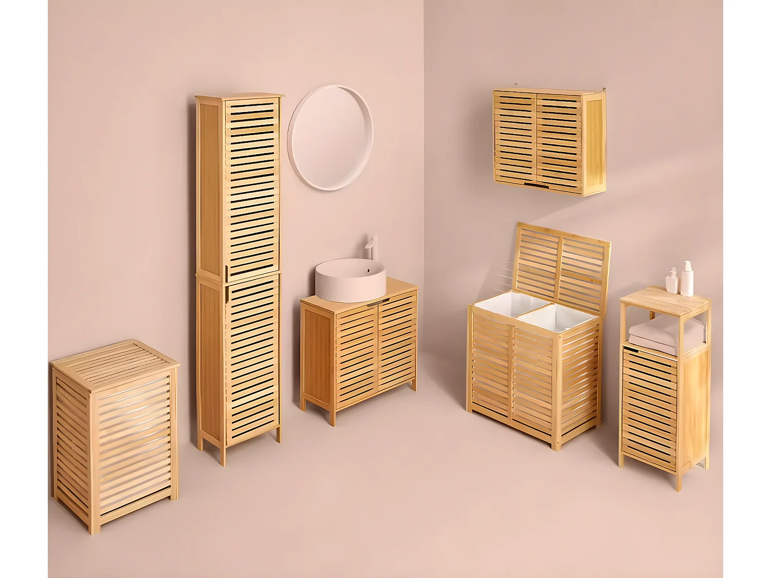 Colonne SDB de 2 portes en bambou naturel - Dim : L.34 x P.24 x H.170 cm