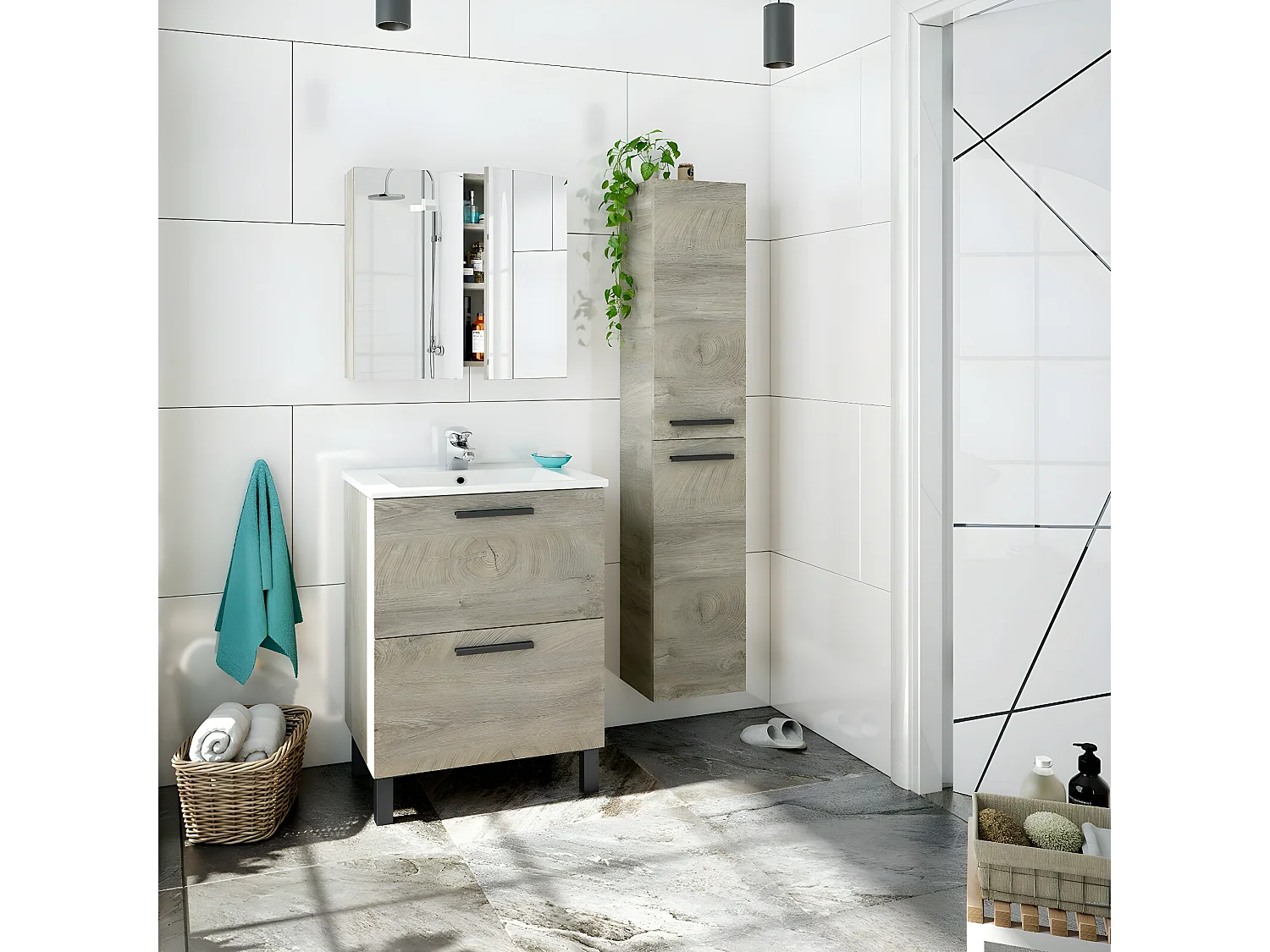 Colonne salle de bain Suspendue avec 2 Portes coloris Alaska chêne à nœuds - Hauteur 150 x Longueur 30 x Profondeur 25 cm