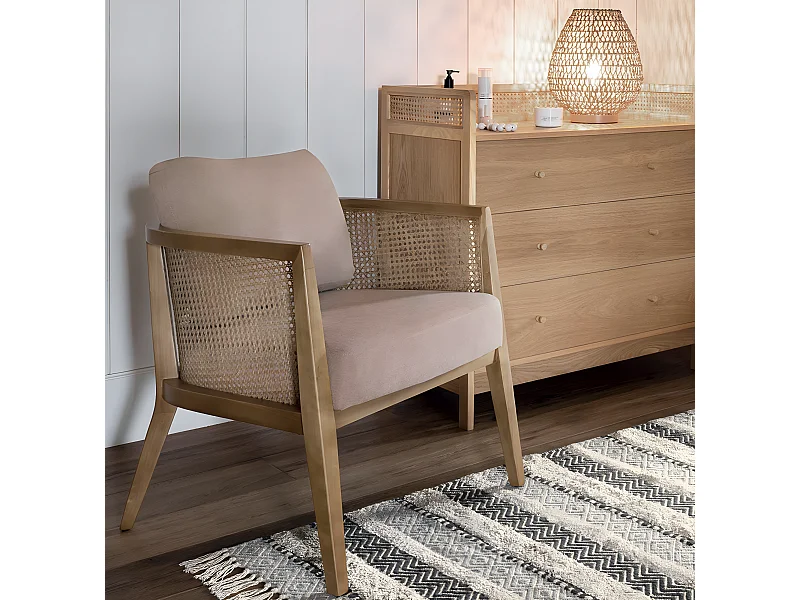 Fauteuil en peuplier et rotin coloris taupe - Longueur 62 x Profondeur 69 x Hauteur 78 cm