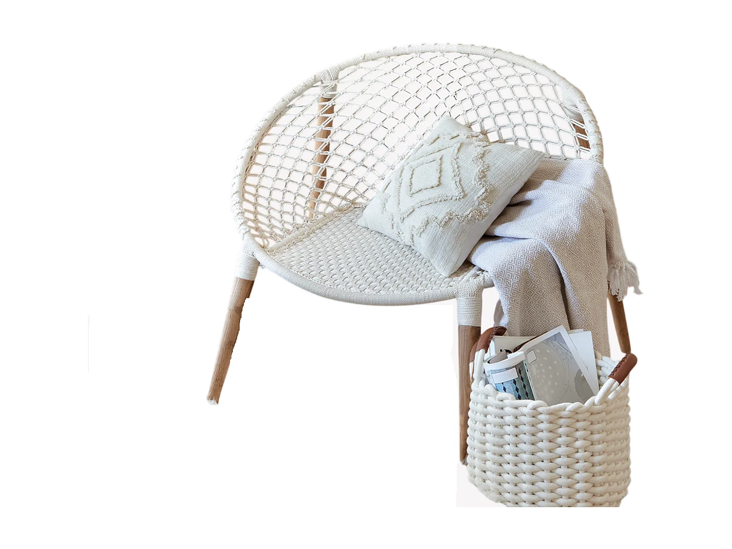 Lot de 2 fauteuils tressés en coton et teck coloris blanc - Longueur 90 x Profondeur 90 x Hauteur 85 cm