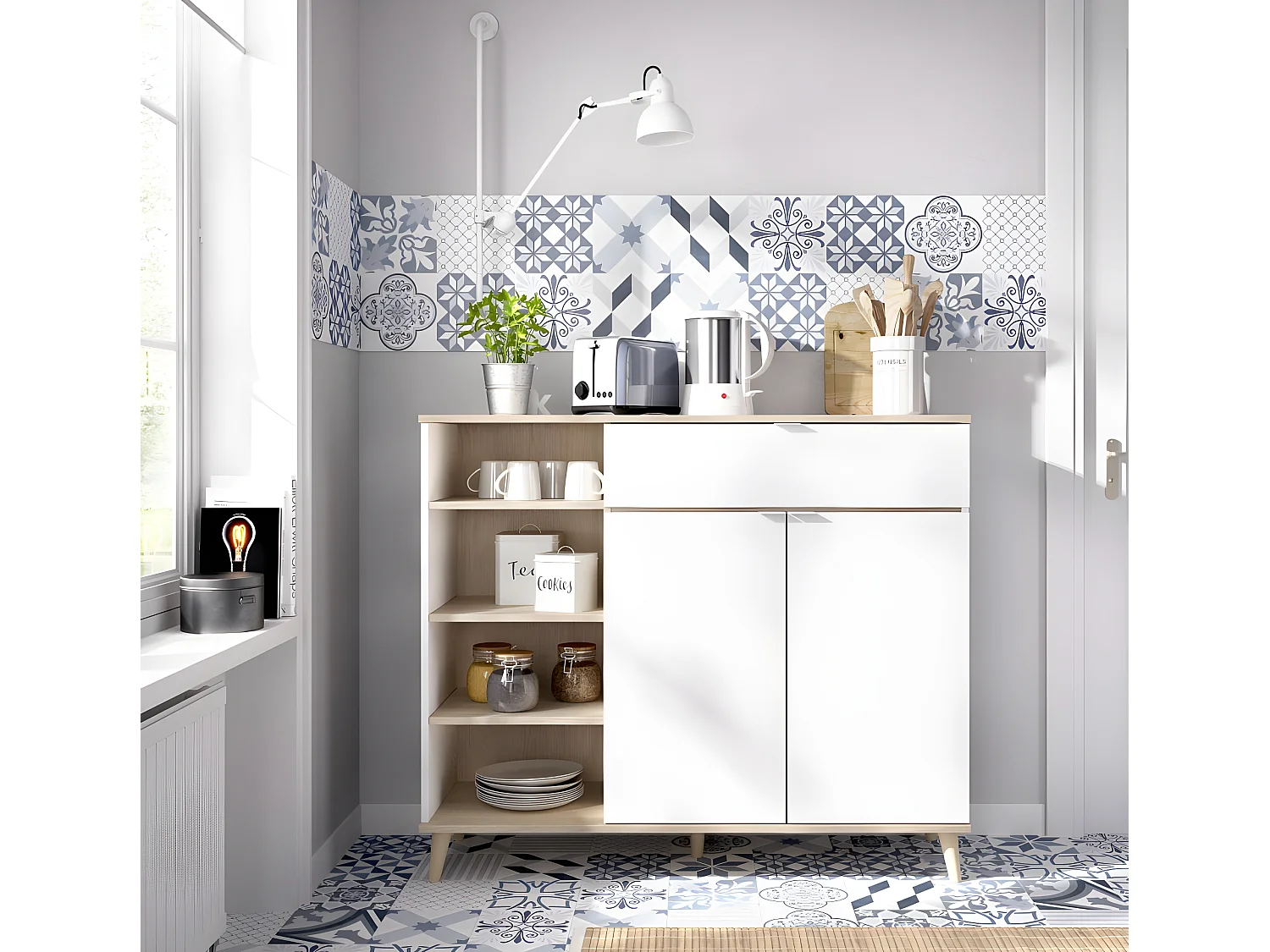 Buffet Meuble de cuisine coloris blanc/naturel - Longueur 119 x Profondeur 40 x Hauteur 102 cm