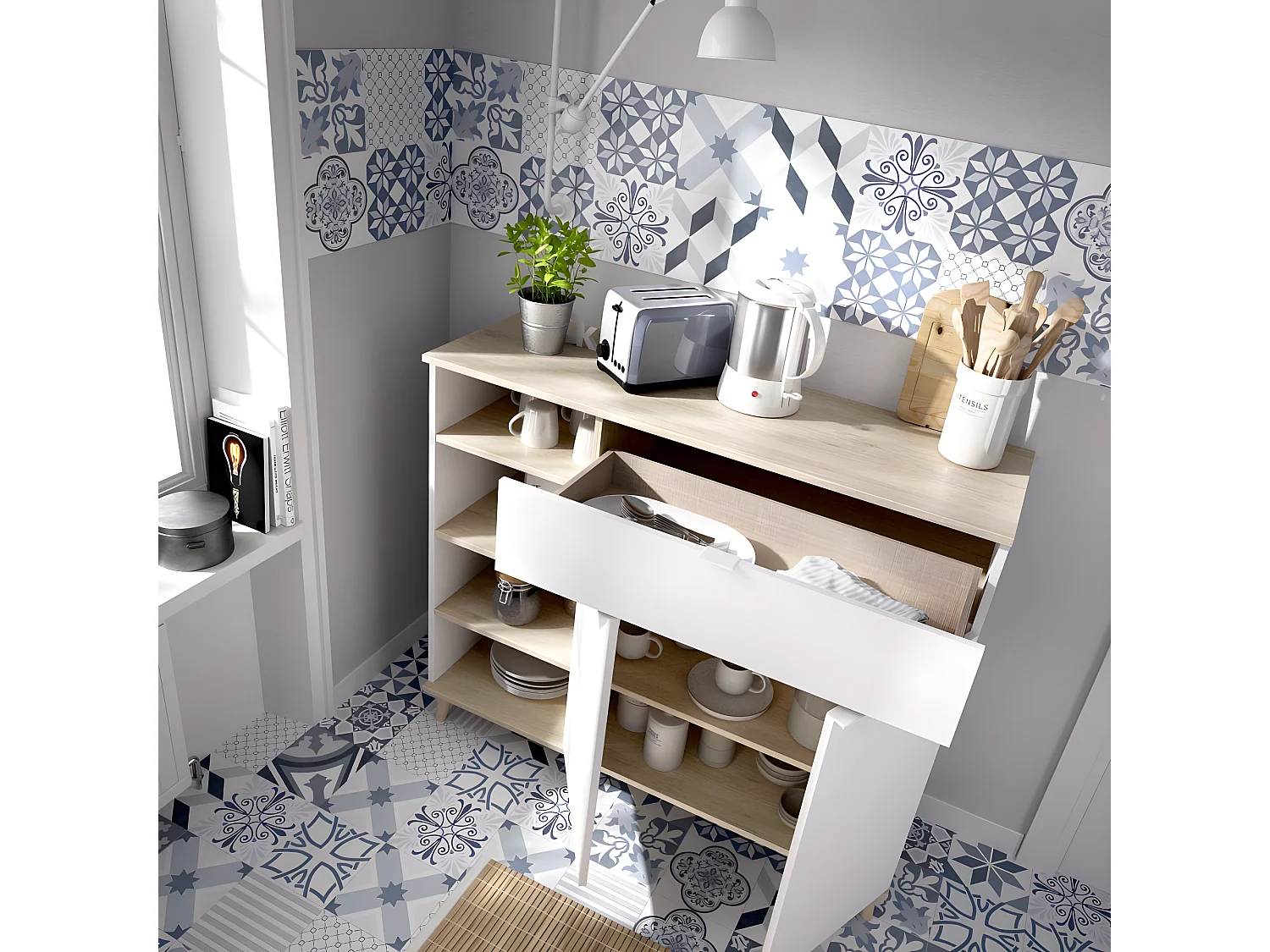 Buffet Meuble de cuisine coloris blanc/naturel - Longueur 119 x Profondeur 40 x Hauteur 102 cm