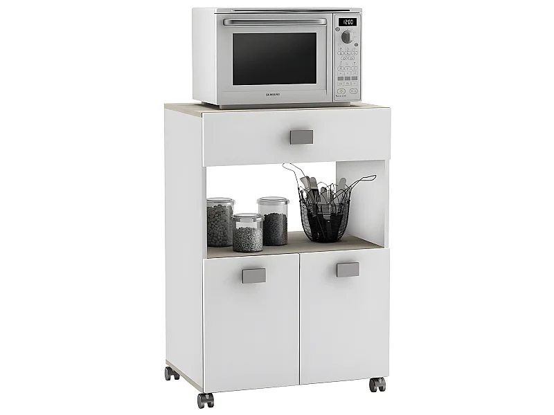 Meuble de cuisine / Desserte pour micro-ondes en Acacia/blanc mat - 59,6 x 88,3 x 41,2 cm