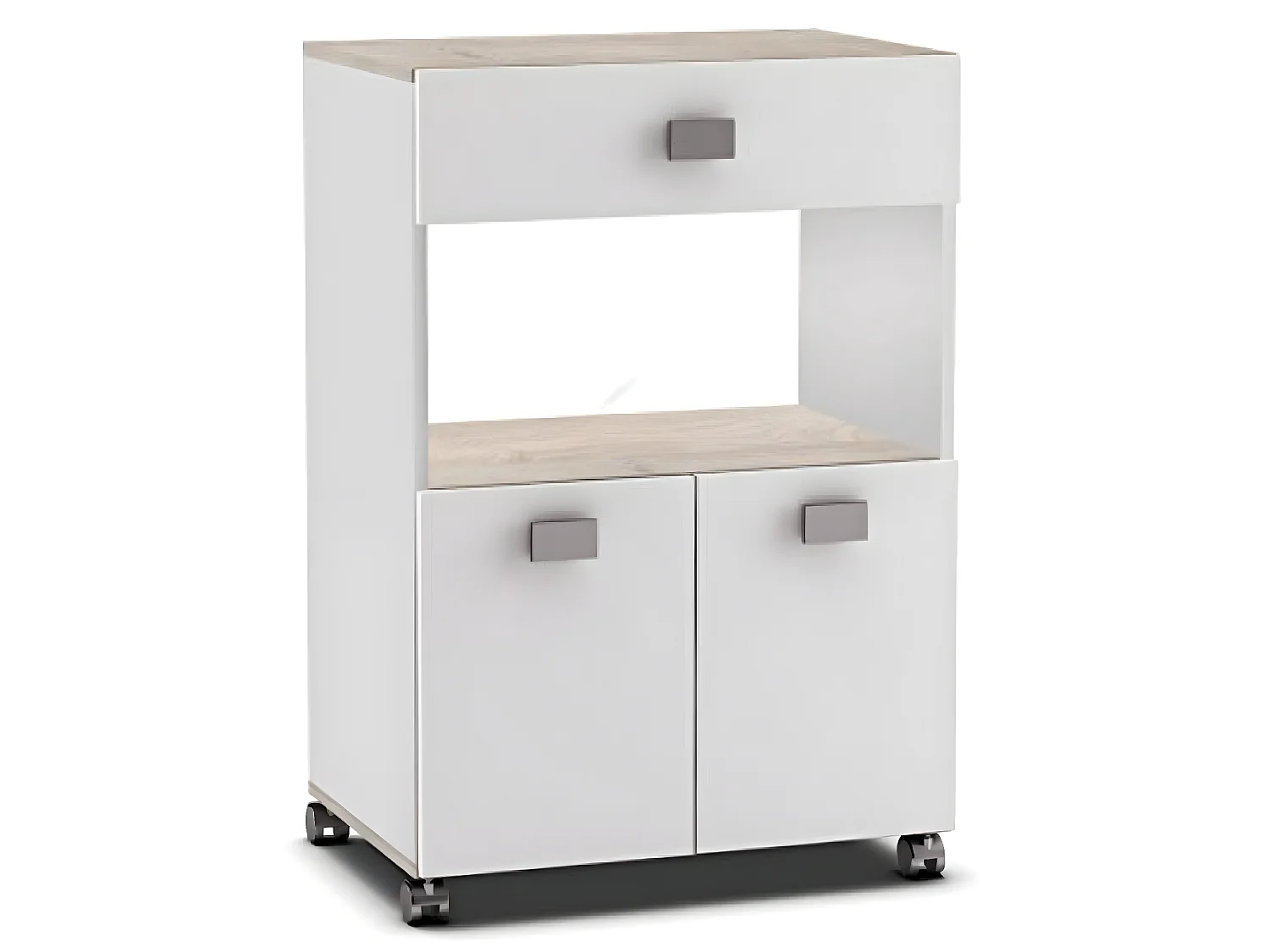 Meuble de cuisine / Desserte pour micro-ondes en Acacia/blanc mat - 59,6 x 88,3 x 41,2 cm