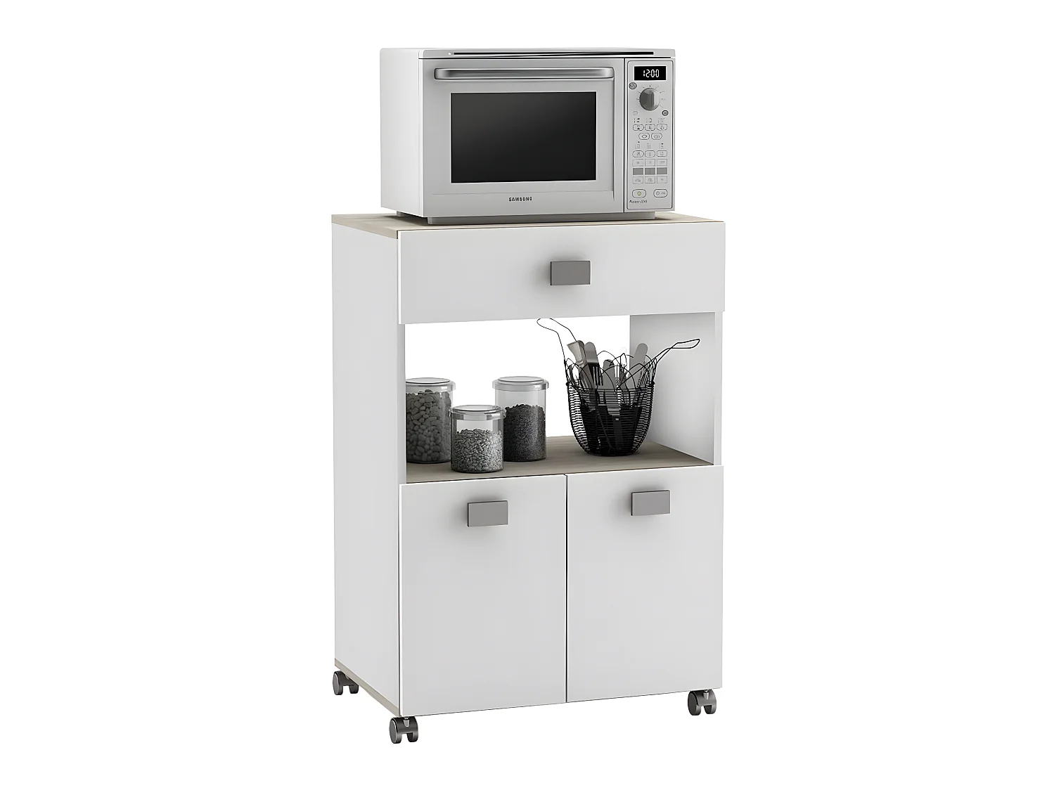 Meuble de cuisine / Desserte pour micro-ondes en Acacia/blanc mat - 59,6 x 88,3 x 41,2 cm