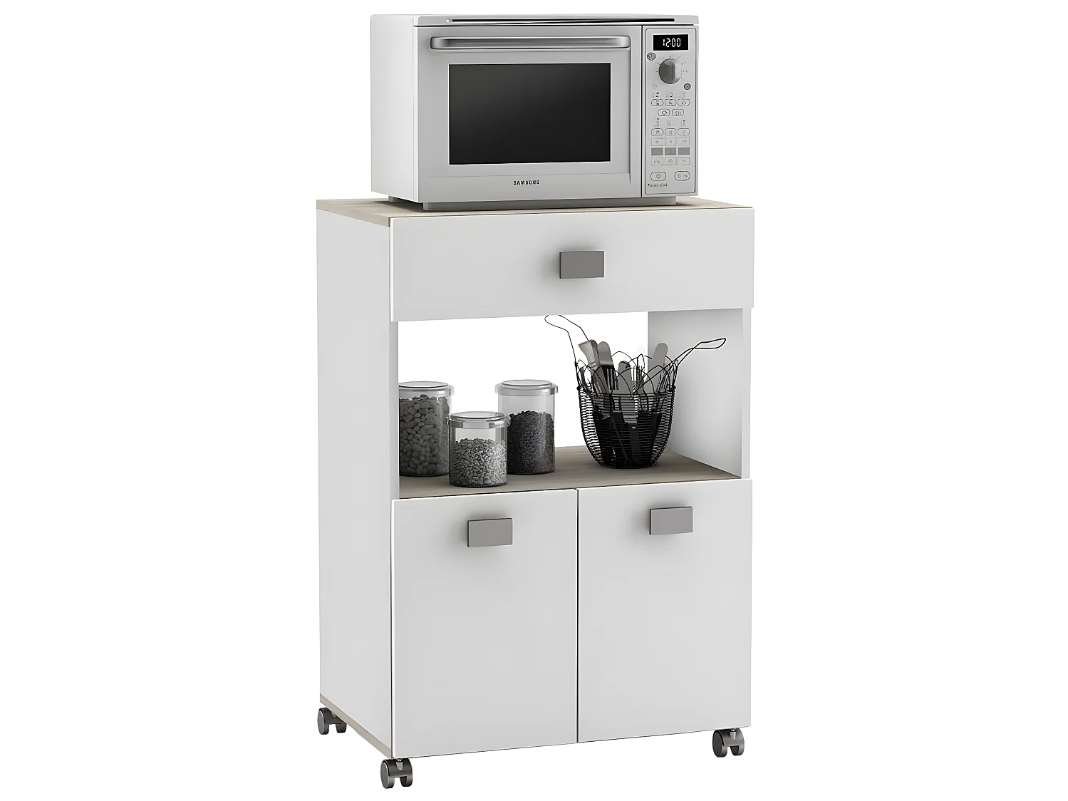 Meuble de cuisine / Desserte pour micro-ondes en Acacia/blanc mat - 59,6 x 88,3 x 41,2 cm