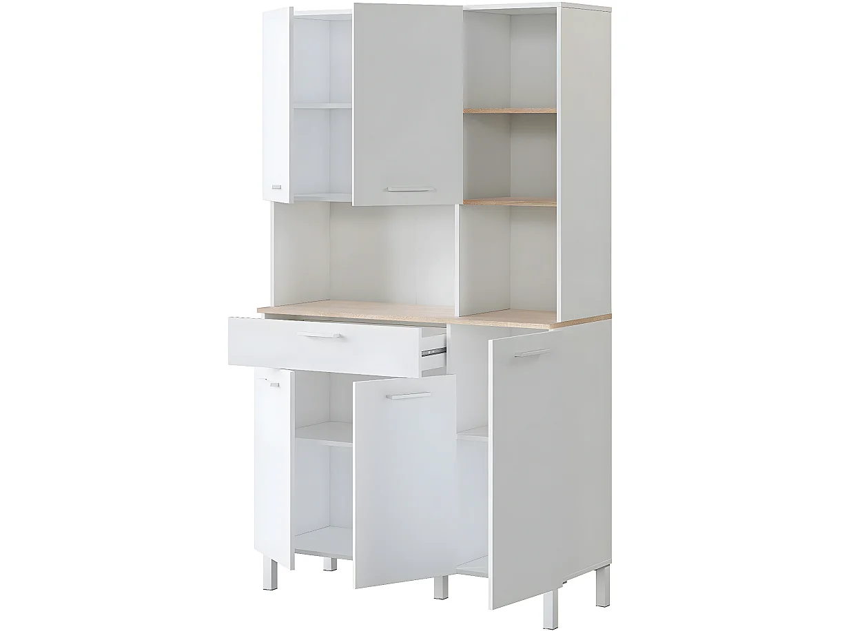 Buffet meuble cuisine 5 portes + 1 tiroir coloris blanc artic/chêne canadien - Hauteur 186 cm x Longueur 108 cm x Profondeur 40 cm