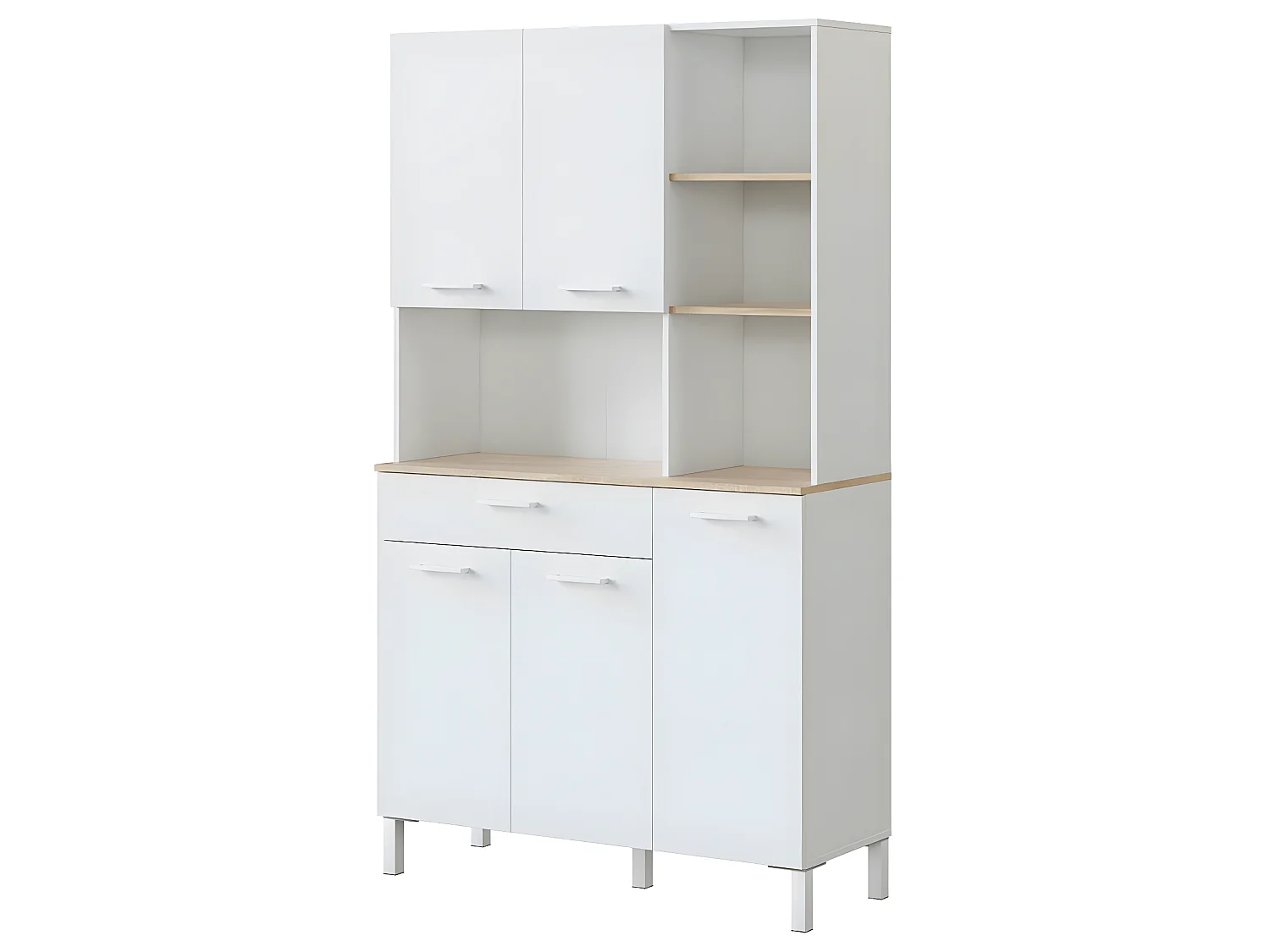 Buffet meuble cuisine 5 portes + 1 tiroir coloris blanc artic/chêne canadien - Hauteur 186 cm x Longueur 108 cm x Profondeur 40 cm