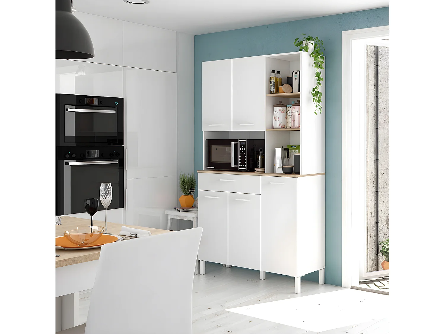 Buffet meuble cuisine 5 portes + 1 tiroir coloris blanc artic/chêne canadien - Hauteur 186 cm x Longueur 108 cm x Profondeur 40 cm